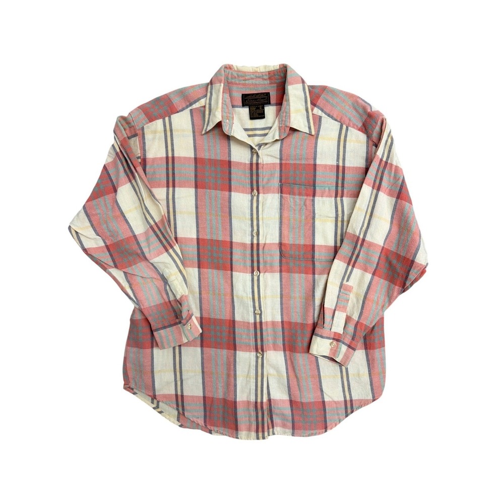 Eddie Bauer Womens Medium Plaid Flannel Shirt Coral Teal Cotton Button Down 1377